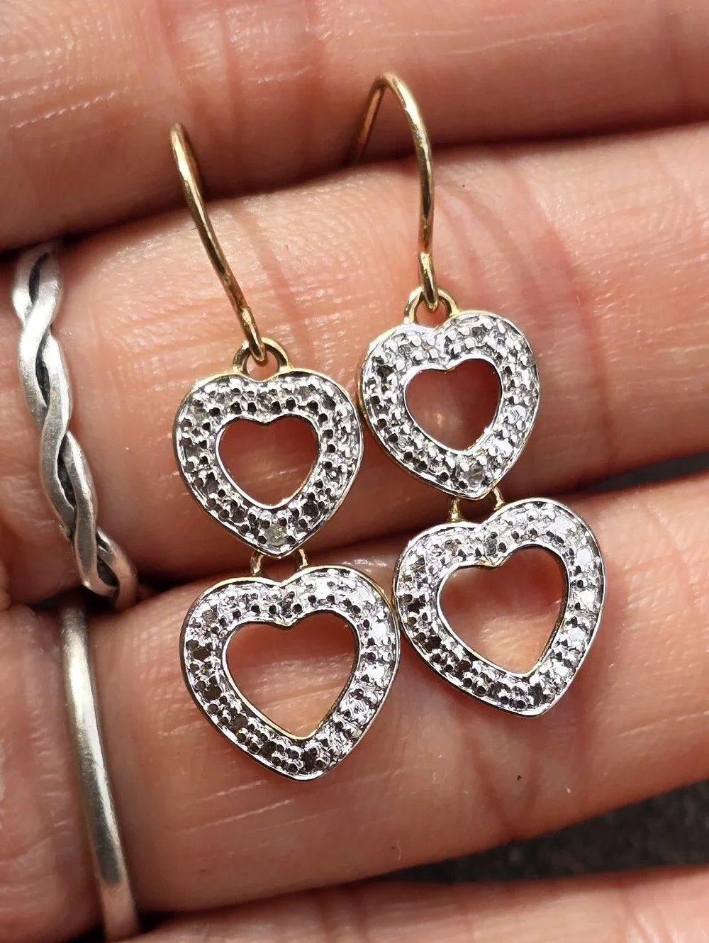 Fancy genuine diamond 925 sterling silver gold vermeil double heart dangle earri